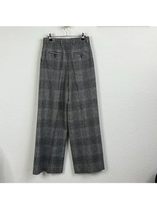 DOLCE & GABBANA Flared Glen Plaid Pants Wool Houndstooth Wide Leg Pants Logo D&G